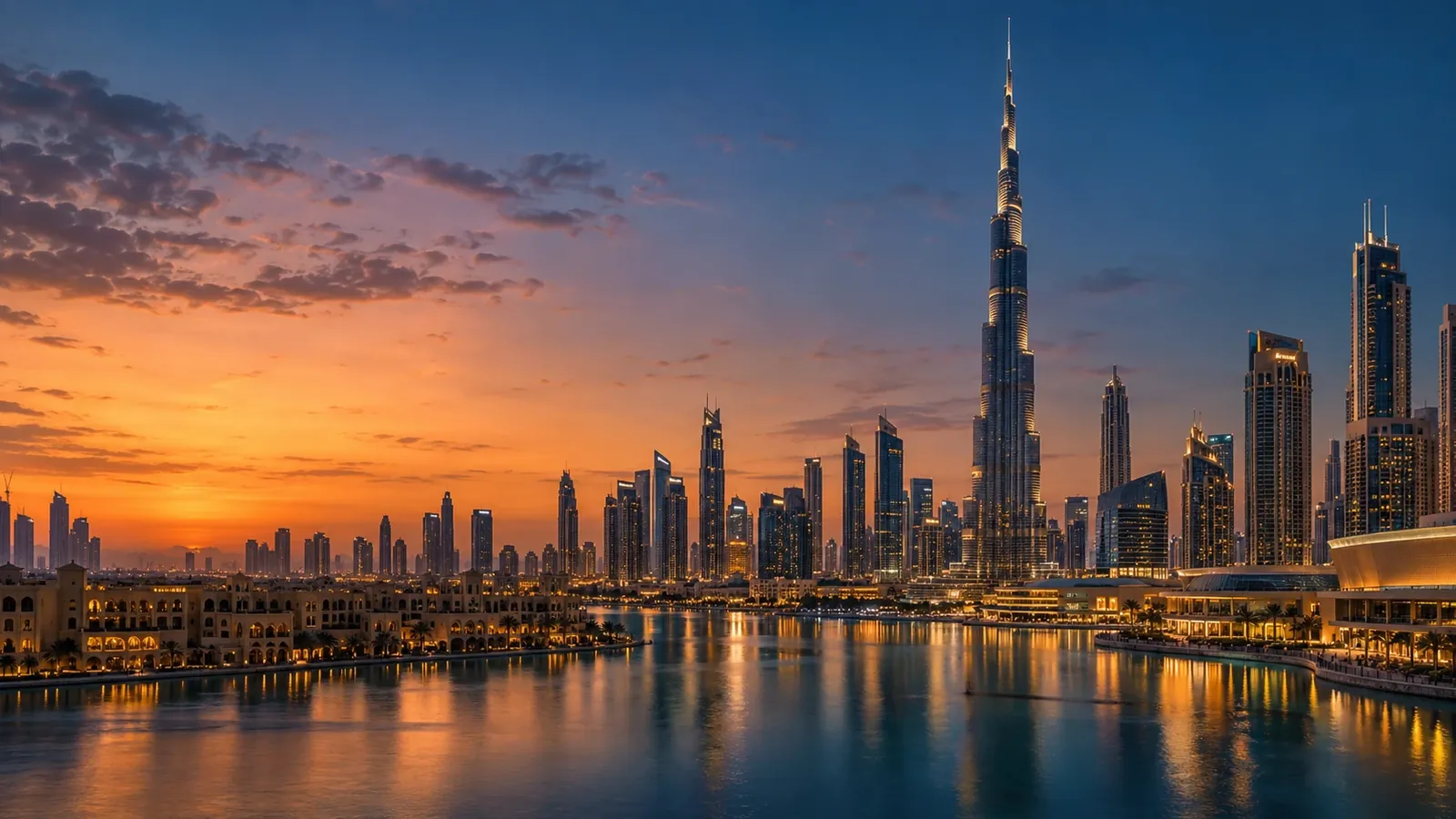 Burj Khalifa and the downtown Dubai skyline at sunset