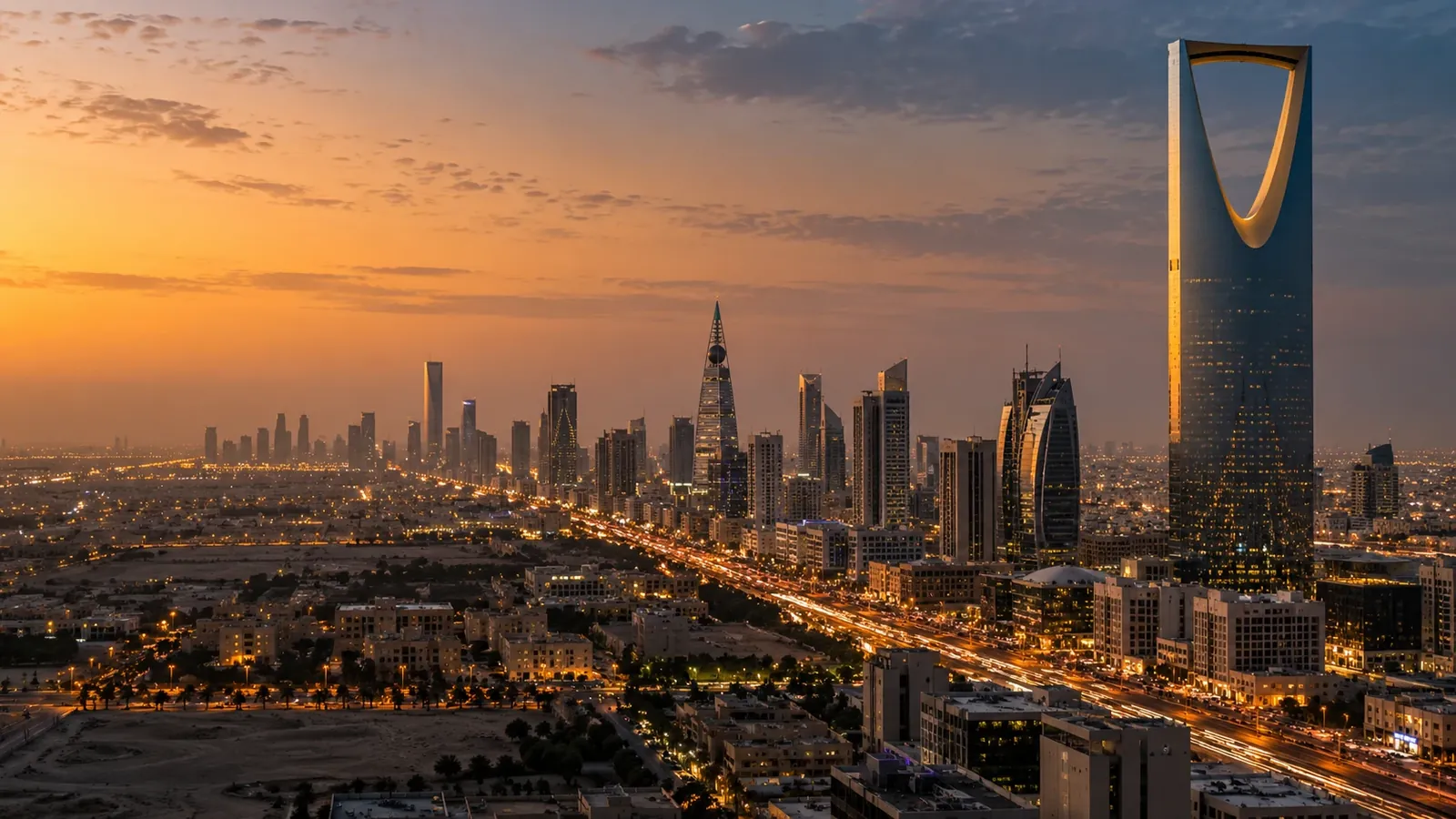 Kingdom Centre and the Riyadh skyline at sunset