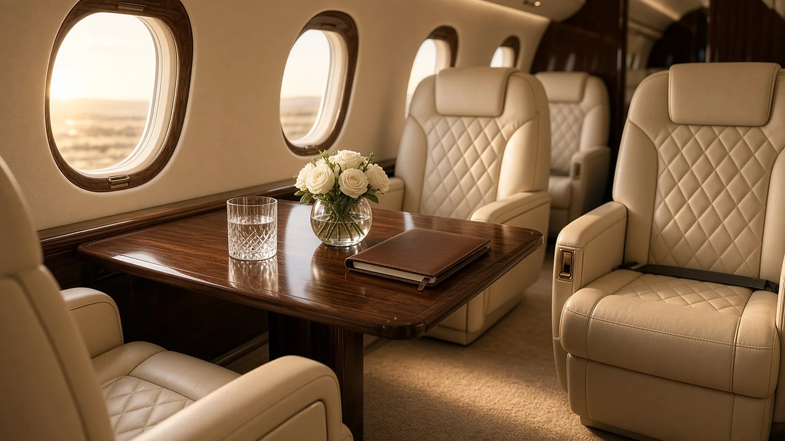 Private jet cabin with cream leather seats and a walnut table set with white roses
