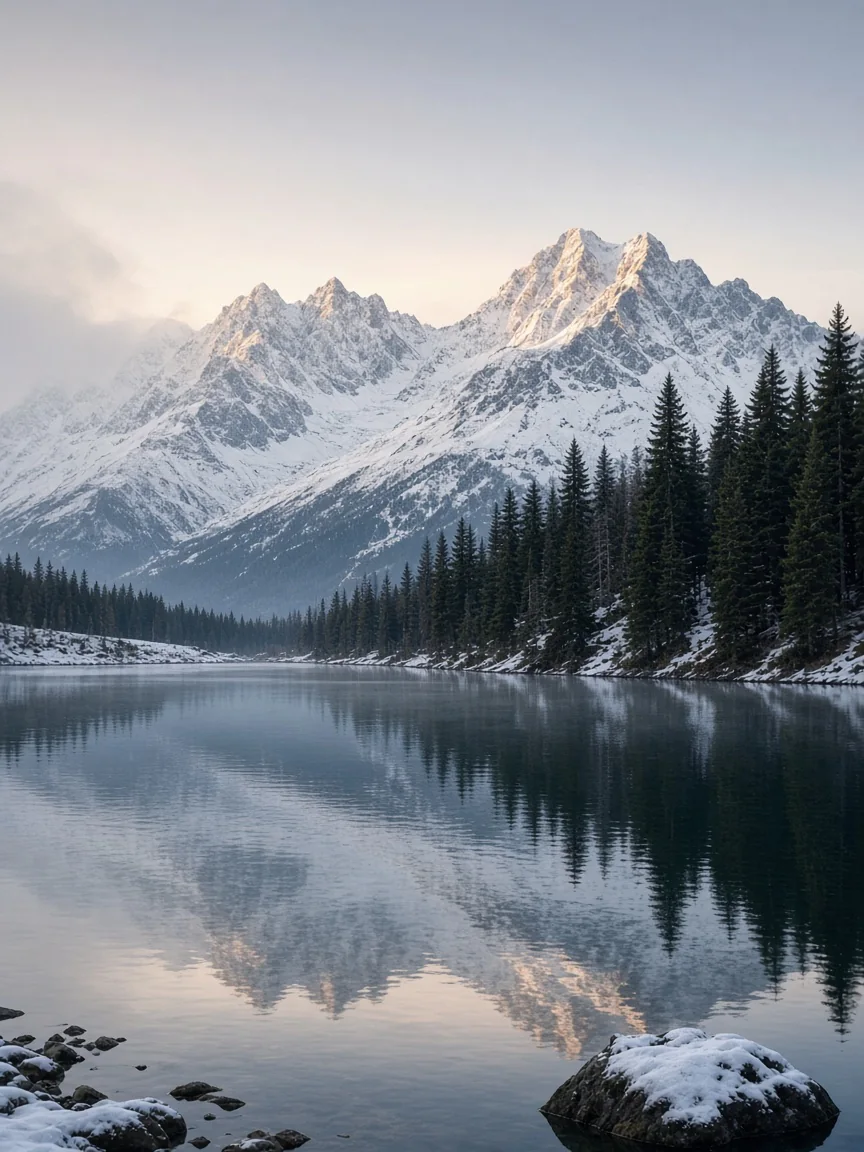 Snow-capped Alpine peaks above a calm lake