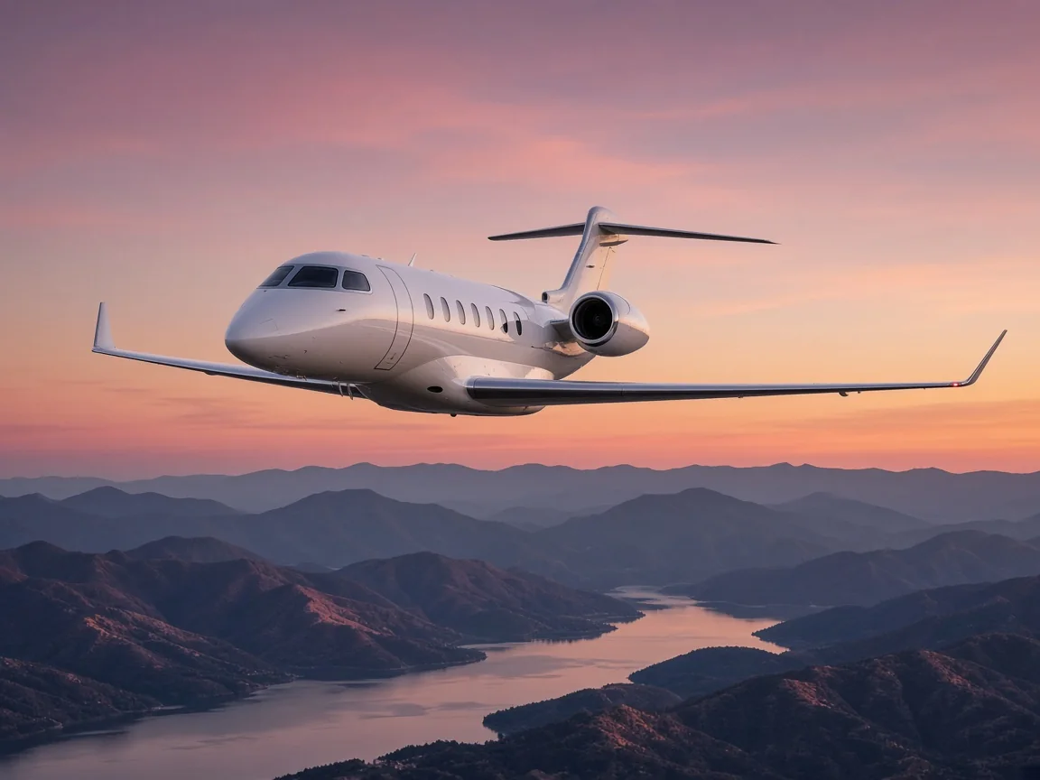 Super midsize business jet cruising above mountains at dusk
