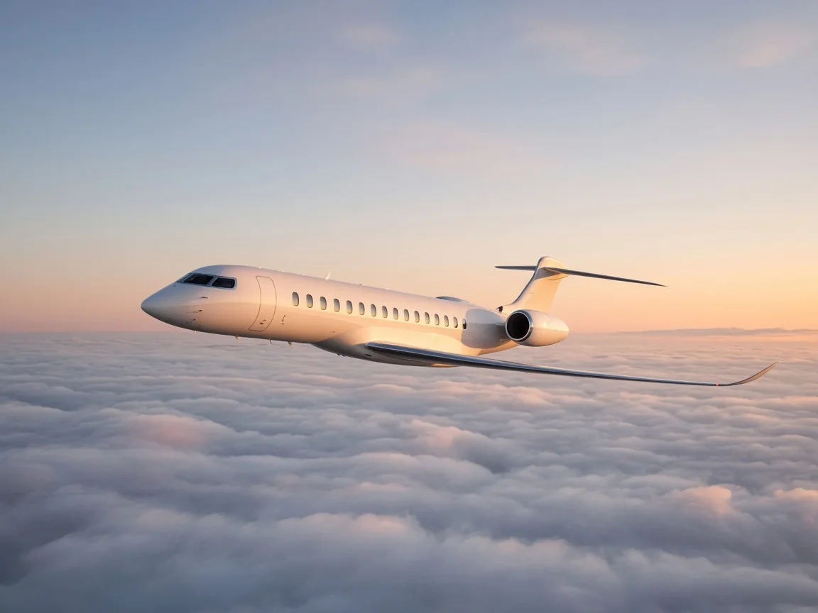 Ultra-long-range business jet above the clouds at sunset